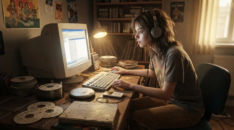 Joven escuchando música en una computadora rodeado de CD, audífonos y tecnología de principios de los 2000
