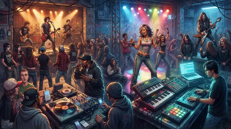 La diversidad musical de los años 2000 representada por escenas de rock, hip hop, electrónica, pop y metal