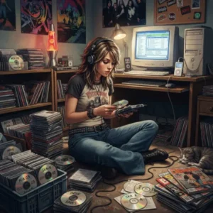 Objetos y tecnología de los años 2000 representan el cambio de los discos a la música digital