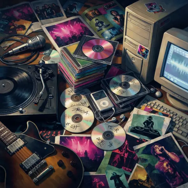 Objetos y elementos de la cultura musical de los años 2000 como CD, MP3, audífonos, guitarra y computadora