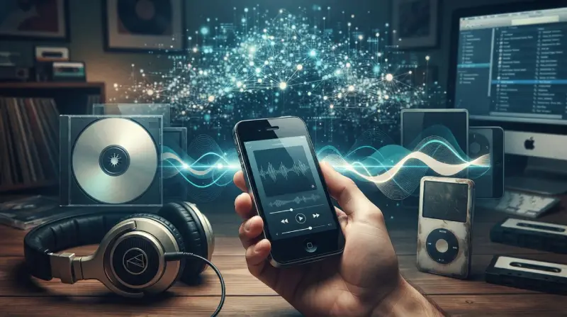 “Smartphone reproduciendo música en streaming junto a un CD y un reproductor MP3 como símbolo de la transformación musical de los 2010s.”