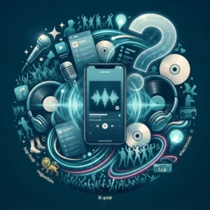 2010 Trivia “Ilustración de trivia sobre la música de los 2010s con un smartphone, streaming, auriculares, ondas sonoras y elementos de distintos géneros musicales.”