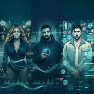 Representación de “Beyoncé, Drake y Bad Bunny representados en un debate editorial sobre los grandes exponentes musicales de los 2010s.”