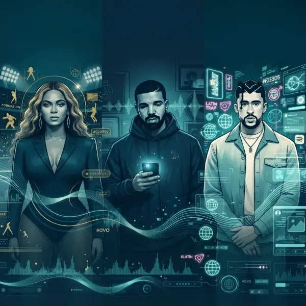 Representación de “Beyoncé, Drake y Bad Bunny representados en un debate editorial sobre los grandes exponentes musicales de los 2010s.”
