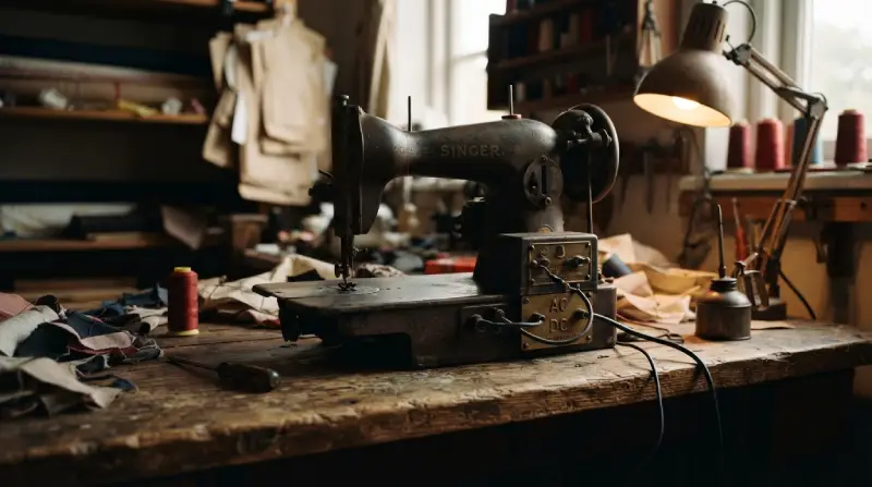 Antigua máquina de coser eléctrica sobre una mesa de madera en un taller de los años setenta, con una placa metálica visible que muestra las siglas AC/DC, bajo una iluminación cálida y nostálgica.