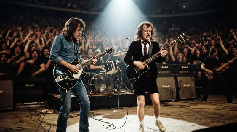 Dos guitarristas de una banda de rock tocando con energía sobre un escenario iluminado por un foco central, ante una masiva audiencia con las manos levantadas en el concierto.