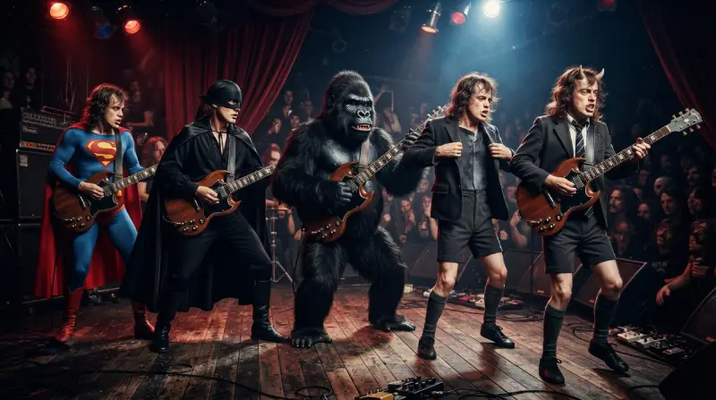 Escena en un escenario de concierto en vivo donde aparecen músicos disfrazados de Superman, el Zorro, un gorila y el clásico guitarrista con uniforme escolar de Angus Young.
