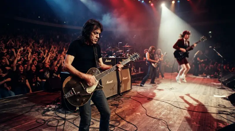 Guitarrista rítmico interpretando con intensidad sobre el escenario frente a amplificadores Marshall, con Angus Young al fondo saltando y una multitud eufórica en un concierto de rock.