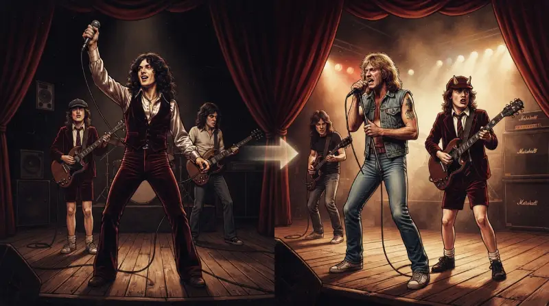 Imagen dividida en dos etapas que contrasta al primer cantante Dave Evans con su estilo de la época frente al micrófono, y posteriormente a Bon Scott o Brian Johnson junto al guitarrista de la banda.
