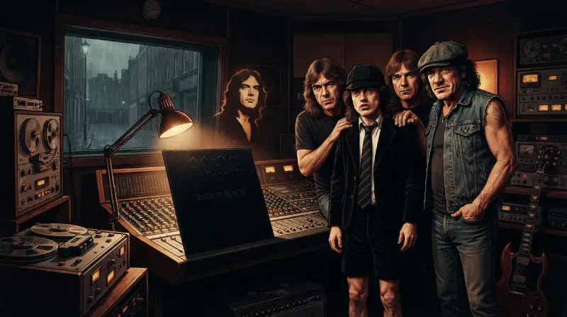 Miembros de la banda de rock reunidos con expresión solemne en un estudio de grabación oscuro junto a consolas de audio, con la portada del álbum negro y la silueta tenue de un exvocalista.