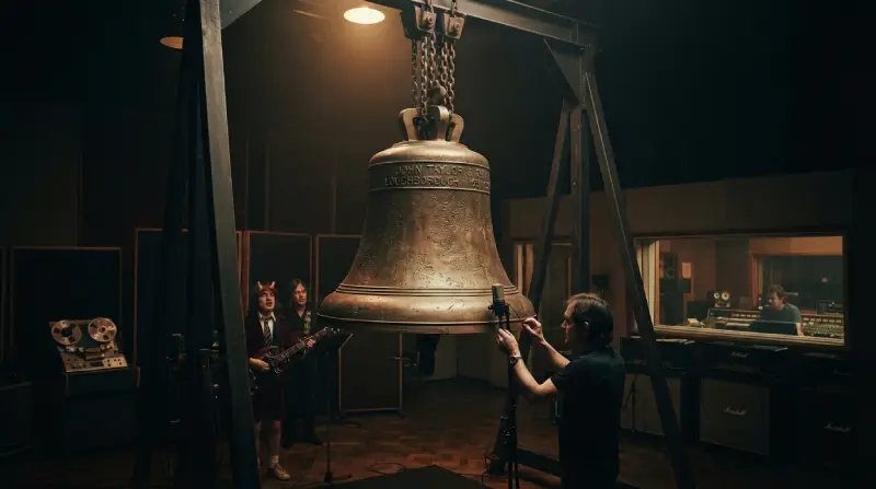 Una enorme campana de bronce suspendida por cadenas de acero dentro de un estudio de grabación, mientras un técnico ajusta un micrófono y los músicos observan al fondo.