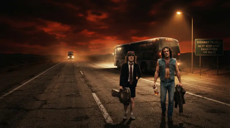 Dos músicos caminando al borde de una carretera desierta bajo un cielo rojo e imponente al atardecer, acompañados por un autobús de gira y una señal de tránsito.