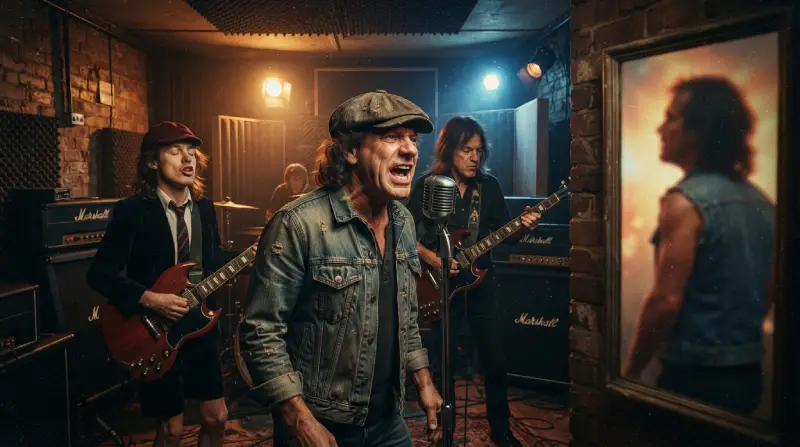 El vocalista Brian Johnson cantando con energía frente a un micrófono clásico de estudio en una sala de ensayo, flanqueado por amplificadores y el resto de la banda.