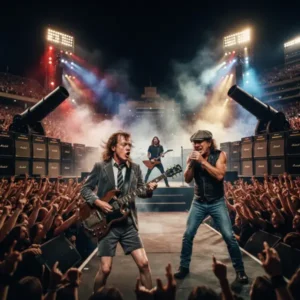 AC/DC actuando ante un estadio lleno durante el cierre del Power Up Tour en 2026.