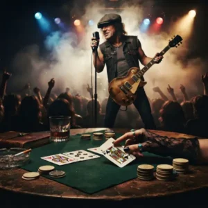 ACDC Debate poker Cartas de póker sobre una mesa frente a un escenario de rock, representando el doble sentido de The Jack de AC/DC