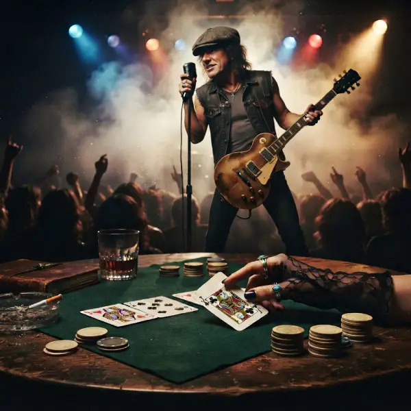 Cartas de póker sobre una mesa frente a un escenario de rock, representando el doble sentido de The Jack de AC/DC