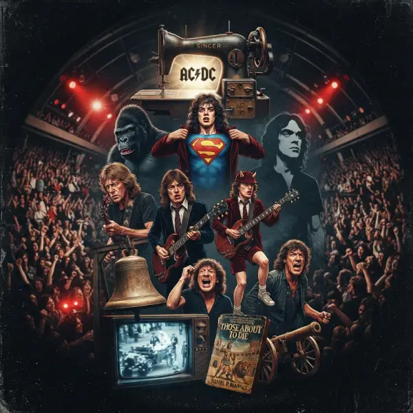 ACDC Destacada Ilustración collage cuadrada y cinematográfica que recopila los elementos clave de la historia de AC/DC, incluyendo una máquina de coser antigua, Angus Young con disfraces y su uniforme escolar, la campana de más de una tonelada, los cañones y una multitud de concierto de rock.