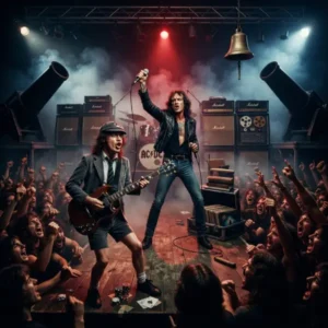 ACDC Trivia AC/DC en un escenario de hard rock con Angus Young y Bon Scott, ambientado como una trivia para verdaderos conocedores de la banda.