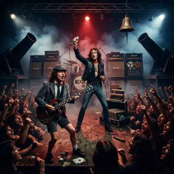 AC/DC en un escenario de hard rock con Angus Young y Bon Scott, ambientado como una trivia para verdaderos conocedores de la banda.