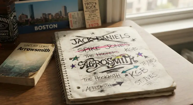 Cuaderno escolar antiguo abierto sobre una mesa de madera con anotaciones y tachones donde se leen nombres descartados como "Jack Daniels" y "Spike Jones", destacando en el centro la palabra "Aerosmith", acompañado de una botella de whisky y el libro "Arrowsmith" de Sinclair Lewis de fondo.