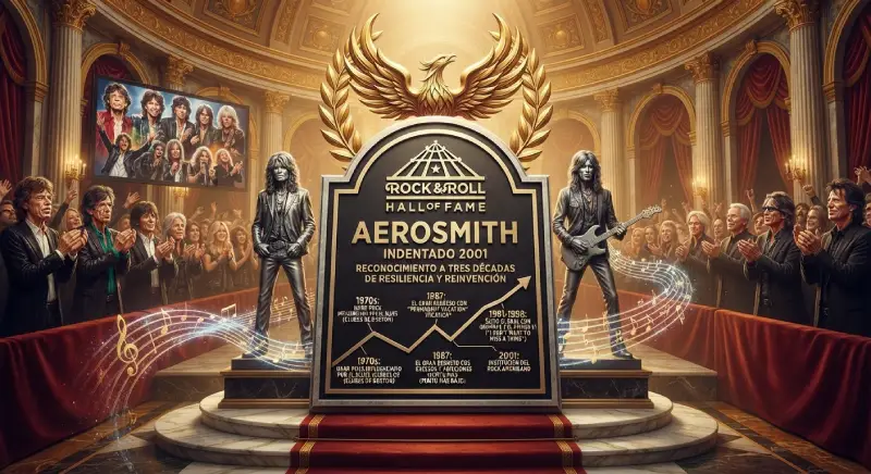 Ceremonia de inducción al Rock & Roll Hall of Fame en 2001, mostrando un gran trofeo conmemorativo en el centro y a los miembros de Aerosmith recibiendo una ovación de pie por parte del público y colegas en un elegante salón clásico.