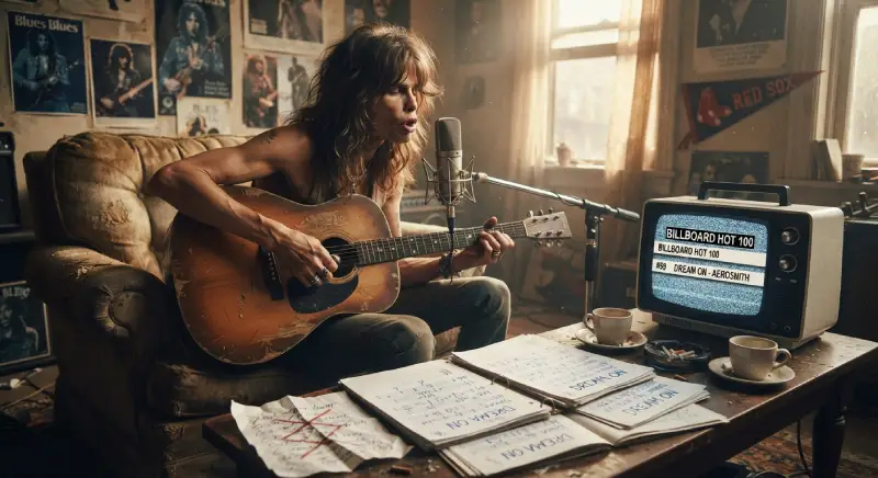 Steven Tyler joven tocando una guitarra acústica frente a un micrófono en una habitación estilo vintage, rodeado de partituras arrugadas con la letra de "Dream On" y una televisión antigua que muestra en su pantalla la posición número 59 en el Billboard Hot 100.