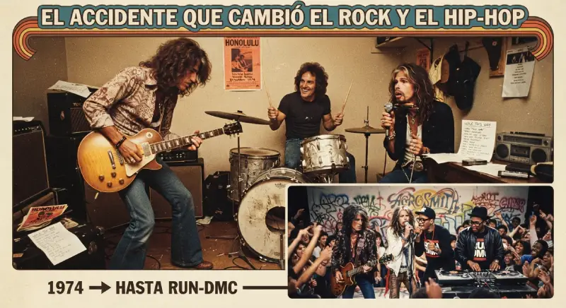 Imagen dividida en dos partes: arriba, Joe Perry tocando la guitarra en un ensayo de 1974 junto a Joey Kramer en la batería y Steven Tyler cantando; abajo, la posterior y famosa colaboración en directo de Aerosmith junto al grupo de rap RUN-DMC.