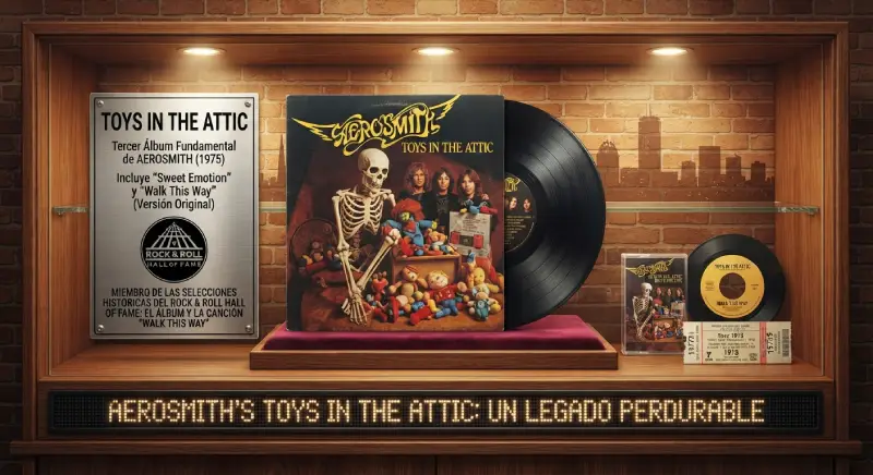 Vitrina de exhibición con un disco de vinilo y la portada del álbum "Toys in the Attic" de Aerosmith (1975), acompañada de una placa metálica conmemorativa del Rock & Roll Hall of Fame que destaca su relevancia histórica y la inclusión de "Sweet Emotion" y "Walk This Way".