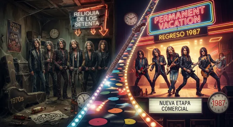 Composición visual de contraste donde el lado izquierdo muestra un ambiente polvoriento y oscuro con un letrero de neón que dice "Reliquia de los setenta" y el lado derecho muestra una estética brillante y moderna con luces de neón que anuncian el álbum "Permanent Vacation" de 1987.