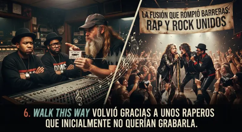 Ilustración que contrasta al productor Rick Rubin en un estudio de grabación mostrando una cinta de audio a los miembros de RUN-DMC con escepticismo, junto a una escena en vivo donde la banda de rock y los raperos interpretan la canción unidos ante un público eufórico.