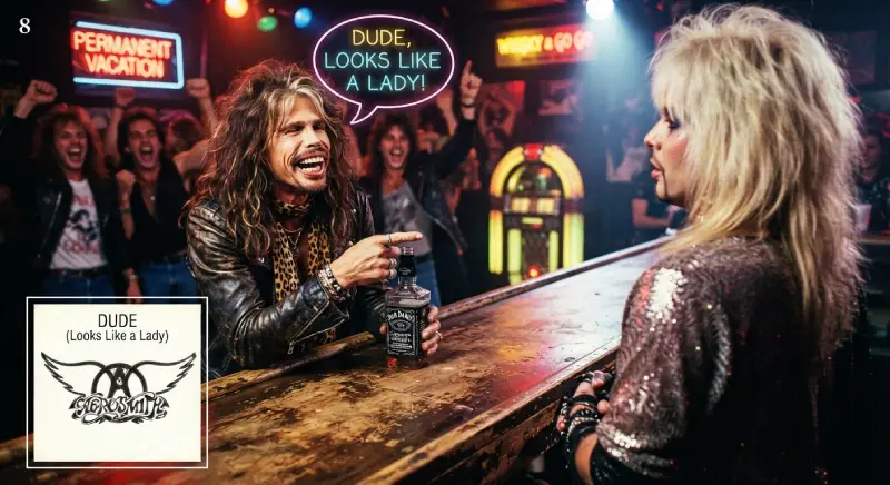 Steven Tyler en un bar con poca iluminación, señalando divertido y con una botella de whisky en la mano hacia una persona con melena rubia al otro lado de la barra, acompañado de un bocadillo de diálogo que dice "Dude, looks like a lady!".