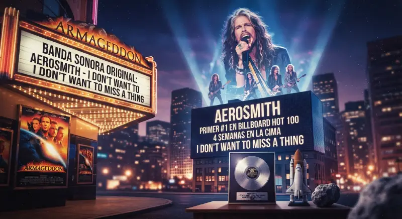 Marquesina de cine y carteles luminosos que anuncian la película "Armageddon" y su banda sonora con el éxito de Aerosmith "I Don't Want to Miss a Thing", junto a una pantalla que confirma su primer puesto en el Billboard Hot 100 durante cuatro semanas.