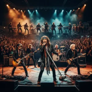 Aerosmith representado sobre un escenario ante una multitud durante una celebración de su regreso a los conciertos en 2026.