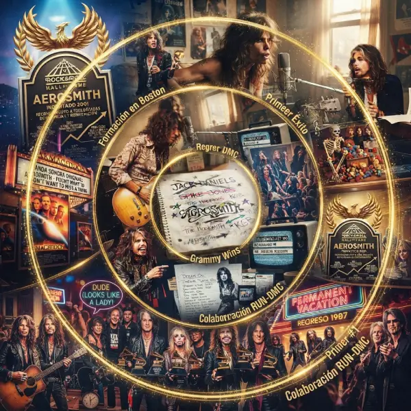 Aerosmith Curiosidad Destacada Composición circular y simétrica en formato cuadrado que recopila visualmente los hitos clave de la historia de Aerosmith: desde sus inicios en los clubes de Boston y el cuaderno con los nombres originales de la banda, hasta su éxito masivo con "Armageddon", los premios Grammy, la colaboración con RUN-DMC y su entrada al Rock & Roll Hall of Fame.