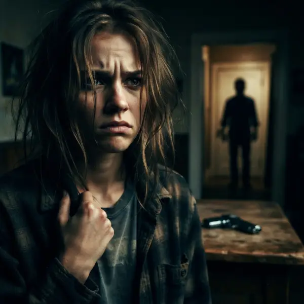 Representación cinematográfica del conflicto de Janie en “Janie’s Got a Gun” de Aerosmith, con una atmósfera oscura que evoca el abuso, la rabia y el dilema entre justicia y venganza.