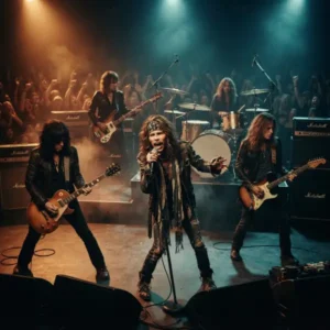 Aerosmith Trivia Aerosmith en una representación de concierto de hard rock clásico, con vocalista, guitarristas, bajista y baterista sobre un escenario iluminado.