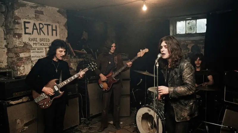 Fotografía de estilo vintage de los cuatro integrantes de la banda (Tony Iommi, Geezer Butler, Ozzy Osbourne y Bill Ward) tocando en un estudio de ensayo oscuro e industrial en Birmingham, con un cartel en la pared de ladrillo que dice "EARTH" sobre los nombres de sus proyectos anteriores (Rare Breed y Mythology).