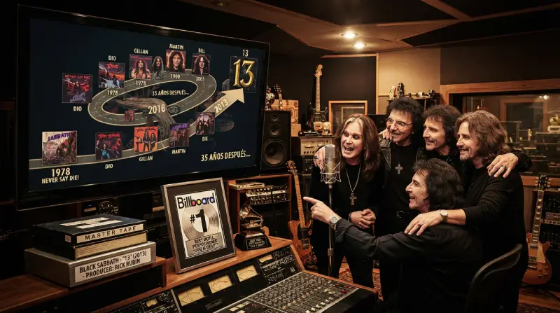 Fotografía en un estudio moderno de la formación original reunida (Ozzy, Tony, Geezer y Bill) mirando contentos una pantalla gigante que muestra una línea del tiempo con las portadas de los discos de las diferentes etapas de la banda y el álbum 13, junto con una placa del número 1 de Billboard.