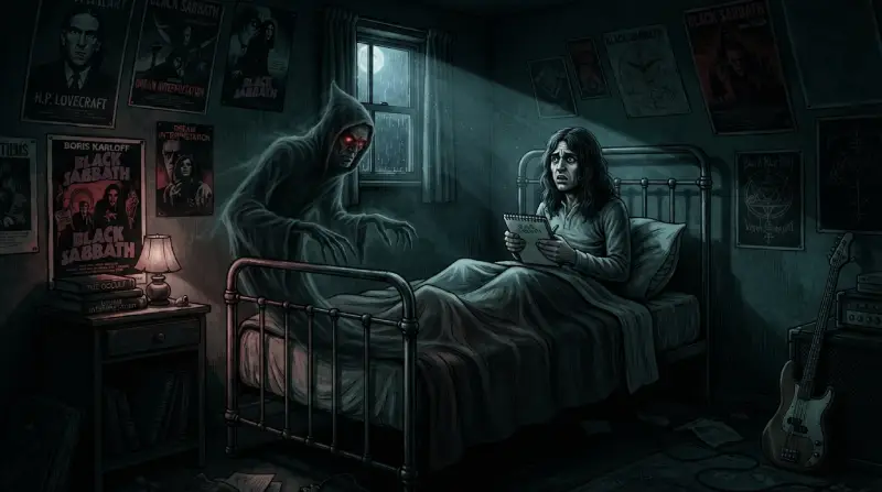Ilustración oscura y de atmósfera de terror que muestra a Geezer Butler sentado en su cama por la noche con una libreta y un bolígrafo, mirando con terror a una siniestra figura encapuchada con ojos rojos que emerge al pie de la cama, rodeado de carteles de películas de Boris Karloff.