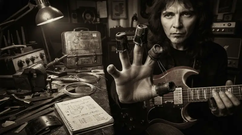 Imagen en tono sepia de Tony Iommi en un taller de fábrica mostrando su mano derecha con protectores artesanales caseros en los dedos tras su accidente, con una guitarra Gibson SG apoyada a su lado, herramientas de taller, y un cuaderno con bocetos de prótesis y cuerdas de guitarra ligeras.
