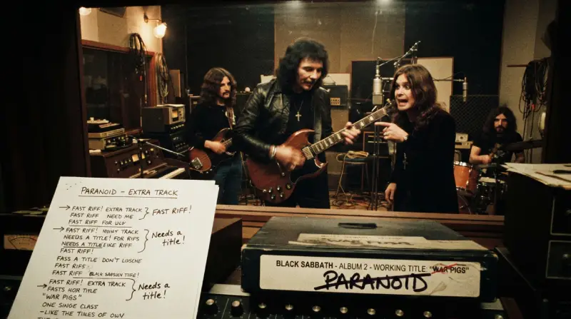 Fotografía tomada desde la cabina de control de un estudio de grabación de la época, donde la banda interpreta un tema mientras en primer plano se ve una hoja de notas y una caja de cintas de grabación donde se lee el título provisional tachado "War Pigs" y escrito encima con rotulador "Paranoid".