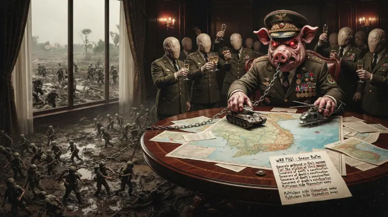 Ilustración satírica y sombría de una sala de juntas militar donde un general con cabeza de cerdo, con ojos rojos y una cadena conectada a un tanque de juguete, lidera a oficiales sin rostro que brindan con copas de champaña, mientras al fondo, a través de una ventana, se observa un campo de batalla devastado en Vietnam.
