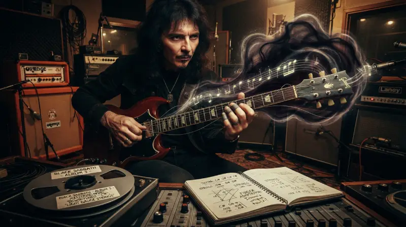 Tony Iommi sentado en el estudio de grabación tocando su guitarra Gibson SG, de la cual emana un rastro de notas musicales envueltas en un humo oscuro y pesado, con amplificadores Orange y Laney al fondo y una consola con una libreta de afinaciones graves y notas de producción.
