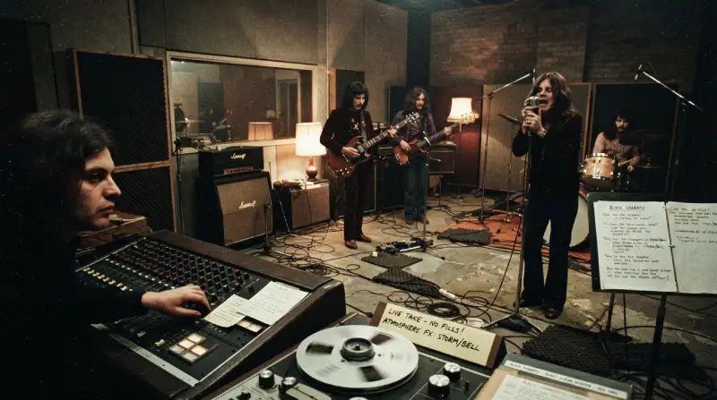 Vista de estudio analógico de 1969 donde los cuatro miembros de Black Sabbath tocan juntos en directo sin separación física, capturados con cámaras y micrófonos de época, mientras un técnico en la consola de mezclas vigila la sesión en una sola toma continua.