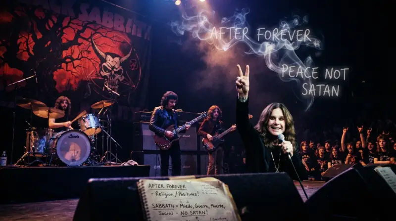 Escena de un concierto en vivo de la banda donde Ozzy Osbourne sonríe alegremente haciendo el signo de la paz con una mano, mientras de su micrófono brota una estela de humo con las frases "After Forever" y "Peace Not Satan", contrastando con un telón de fondo oscuro con motivos de calaveras.