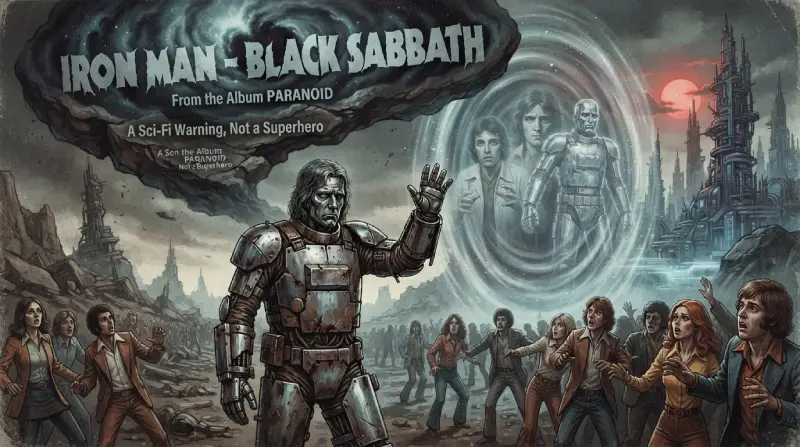 Cartel de estilo cómic clásico de ciencia ficción de los años 70 que muestra a una figura metálica futurista de acero caminando entre una multitud asustada, con un portal temporal cósmico al fondo y la cabecera que reza: "Iron Man - Black Sabbath: From the Album Paranoid. A Sci-Fi Warning, Not a Superhero".