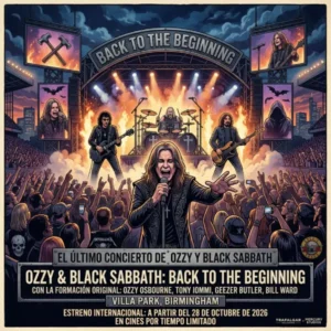 Ilustración editorial cuadrada de estilo de novela gráfica que promociona el estreno cinematográfico "Ozzy & Black Sabbath: Back to the Beginning". En el centro, el vocalista principal con cabello largo y chaleco oscuro canta apasionadamente hacia el frente con un micrófono en mano, extendiendo su brazo. Detrás de él, en un escenario iluminado de un estadio repleto, se encuentran el guitarrista con una guitarra eléctrica oscura, el baterista tras la batería y el bajista con un bajo de cuatro cuerdas, rodeados de fuego y pantallas laterales con imágenes del artista. En la parte inferior, sobre una estructura metálica, se lee información detallada sobre el concierto en Villa Park, Birmingham, y el estreno internacional en cines programado a partir del 28 de octubre de 2026.