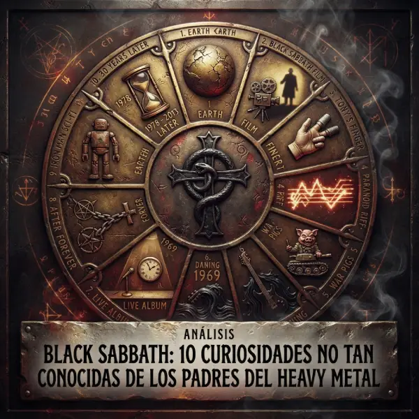 Black Sabbath Curiosidad Destacada Placa metálica circular y oxidada estilo rueda de la fortuna que funciona como un reloj o rueda de curiosidades sobre Black Sabbath, dividida en 10 secciones numeradas que representan cada uno de los puntos del artículo (desde el globo terráqueo de "Earth" hasta el reloj de arena de los 30 años de espera), con una cruz con serpiente en el centro y una placa inferior grabada con el título: "Análisis: Black Sabbath: 10 curiosidades no tan conocidas de los padres del heavy metal".