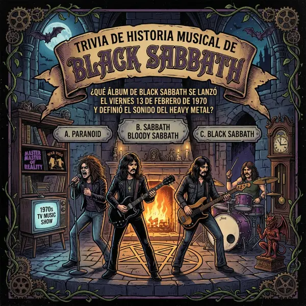 Ilustración de una banda de heavy metal en un escenario oscuro, con amplificadores, una guitarra eléctrica y una ciudad industrial entre la niebla, para una trivia sobre la historia de Black Sabbath.