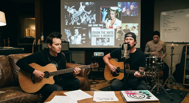 Representación de una fotografía de Mark Hoppus, Tom DeLonge y Travis Barker, en un estudio de grabación con poca luz, tocando instrumentos acústicos. Mark Hoppus tiene cabello oscuro y pinchos, y toca un bajo acústico. Tom DeLonge usa una gorra hacia atrás y canta en un micrófono mientras toca una guitarra acústica. Travis Barker está sin camisa y tatuado, y toca una batería pequeña. En el fondo, hay una pantalla de proyector que muestra una colección de imágenes de la historia de la banda, incluyendo la portada del álbum "Enema of the State", el titular "CRASH THE WRITE, CRASH THE REUNITE!", y la frase "ONE MORE TIME...". En una mesa de café frente a ellos, hay hojas de letras y una copia del álbum "One More Time..." con su logotipo de cara sonriente rosa y blanco.